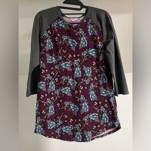 LuLaRoe Burgundy Randy Tee with Teal Floral Pattern and Gray Trim